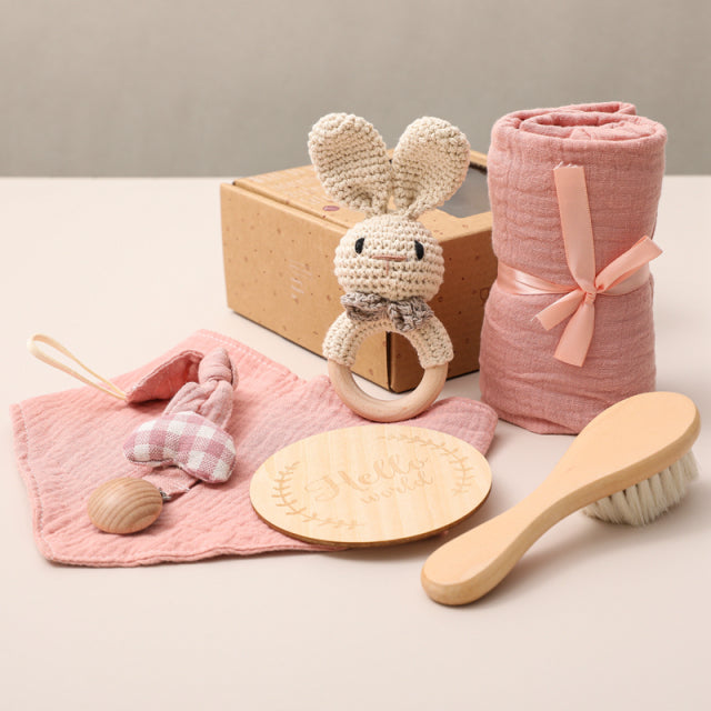 6 Pc Gift Set: Baby Bath Towel, Bib, Brush, Crochet Animal Rattle, Pacifier Clip, Teether, Hello World Milestone Sign