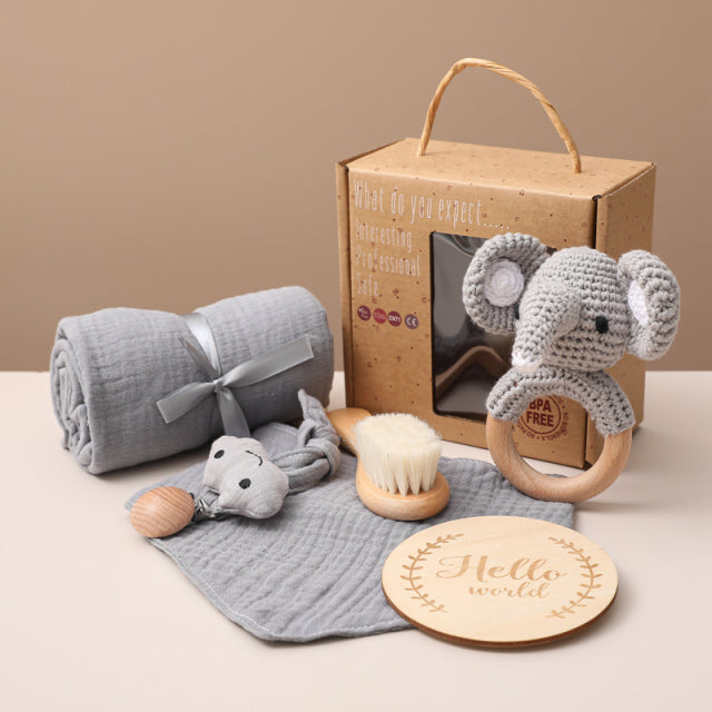6 Pc Gift Set: Baby Bath Towel, Bib, Brush, Crochet Animal Rattle, Pacifier Clip, Teether, Hello World Milestone Sign