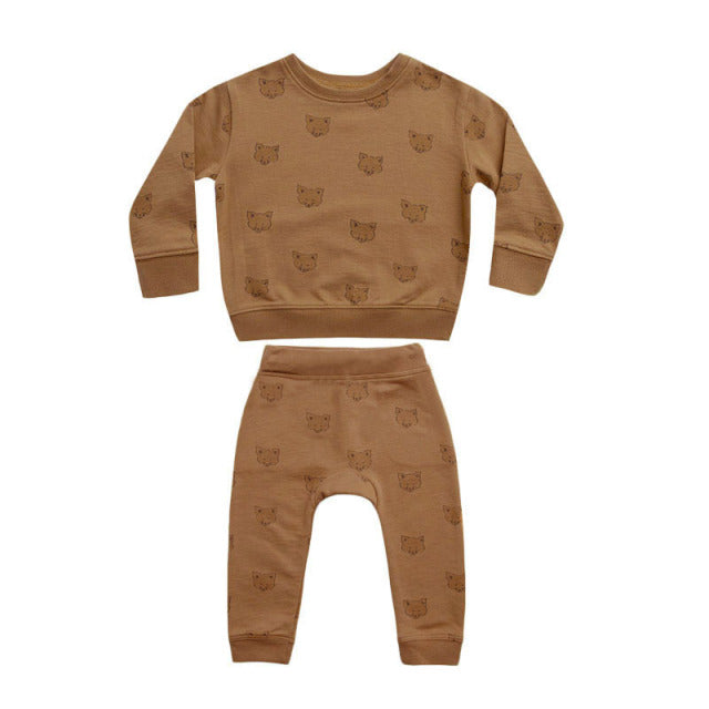 2 pc Set: Baby 0-5T Matching Brown Animal Print Sweater Top and Bottom Set