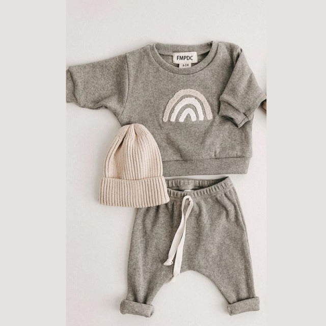 2 pc Set: Baby Toddler Neutral Grey Rainbow Soft Knitted Set