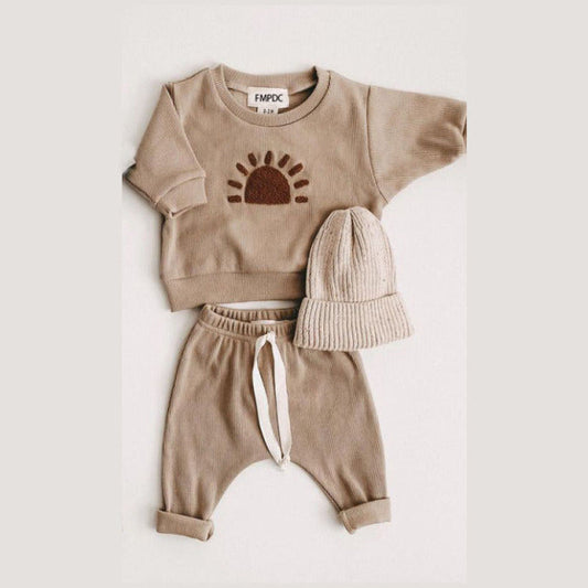 2 pc Set: Baby Toddler Neutral Tan Sun Soft Knitted Set